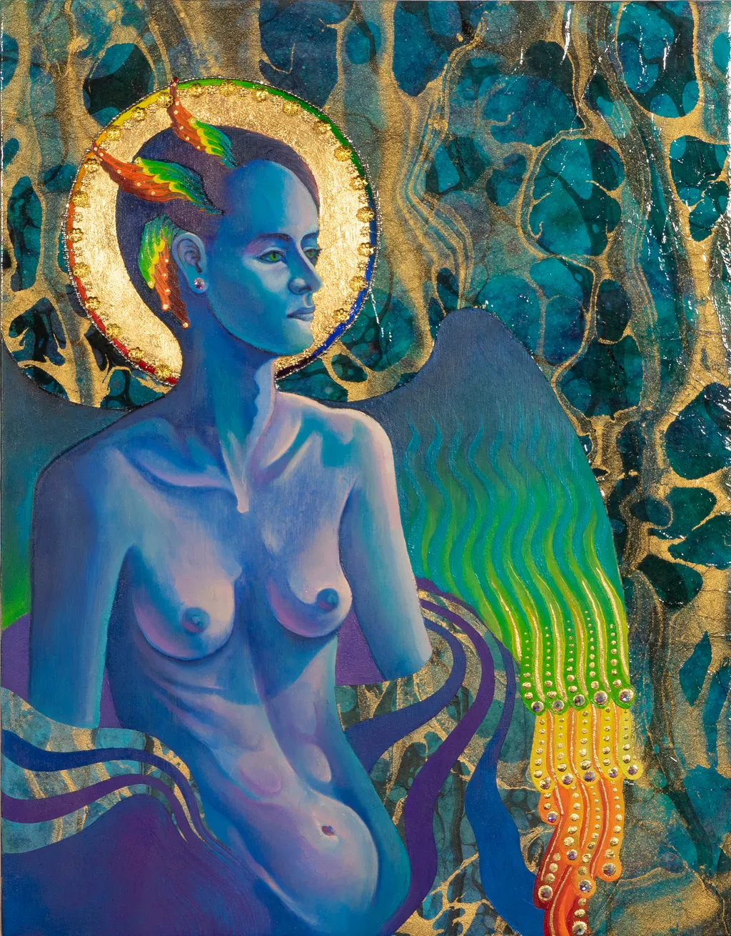A blue figure with a golden halo